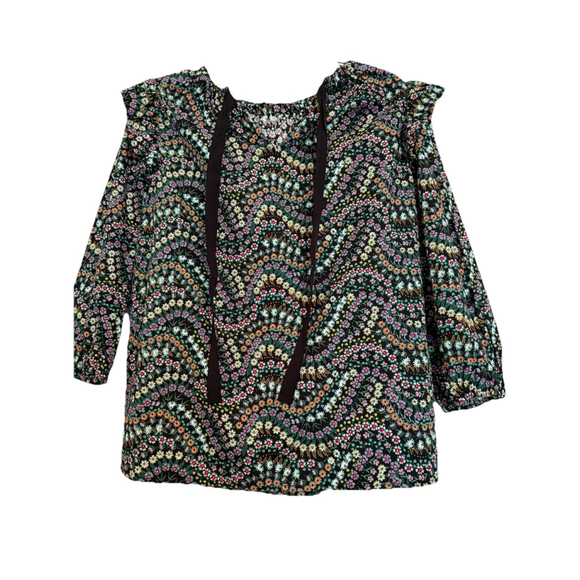 New LOFT Garden Dobby Tie Back Ruffle Blouse Black Calico Floral Cottagecore XS - Picture 9 of 11